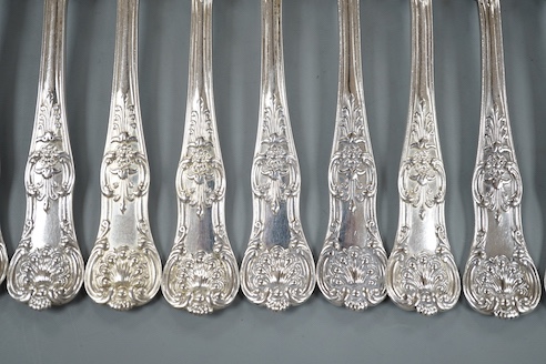 A set of nine early Victorian silver Queen's pattern dessert forks, William Eaton, London, 1837, 18oz.